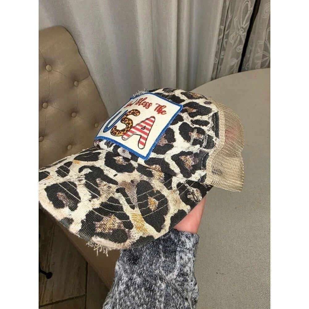 Leopard Print God Bless The USA Distressed Trucker Hat With Mesh‎ Back